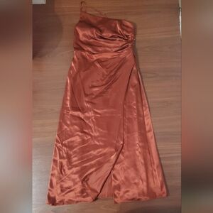 Galina Signature Satin One-Shoulder Slip Dress in Copper Rust